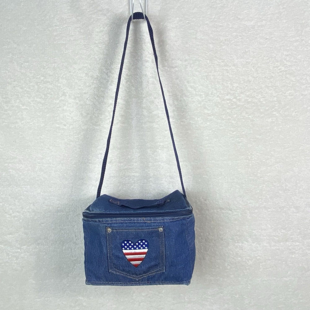 Vintage Y2K Soft Denim Lunchbox Embroidered American‎ Flag Heart Zip Close